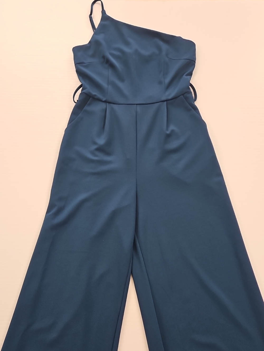 Asymmetric One-Shoulder Wide-Leg Jumpsuit in Teal Blue